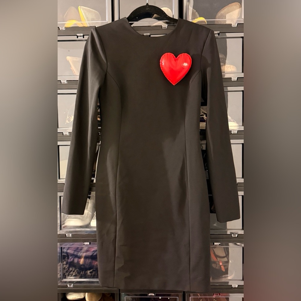Moschino Couture Black Long Sleeve Dress with Red Heart Accent. Jeremy Scott.
